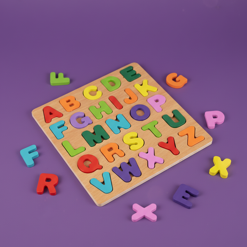 Wooden Educational Puzzle Set – Letters, Numbers & Shapes